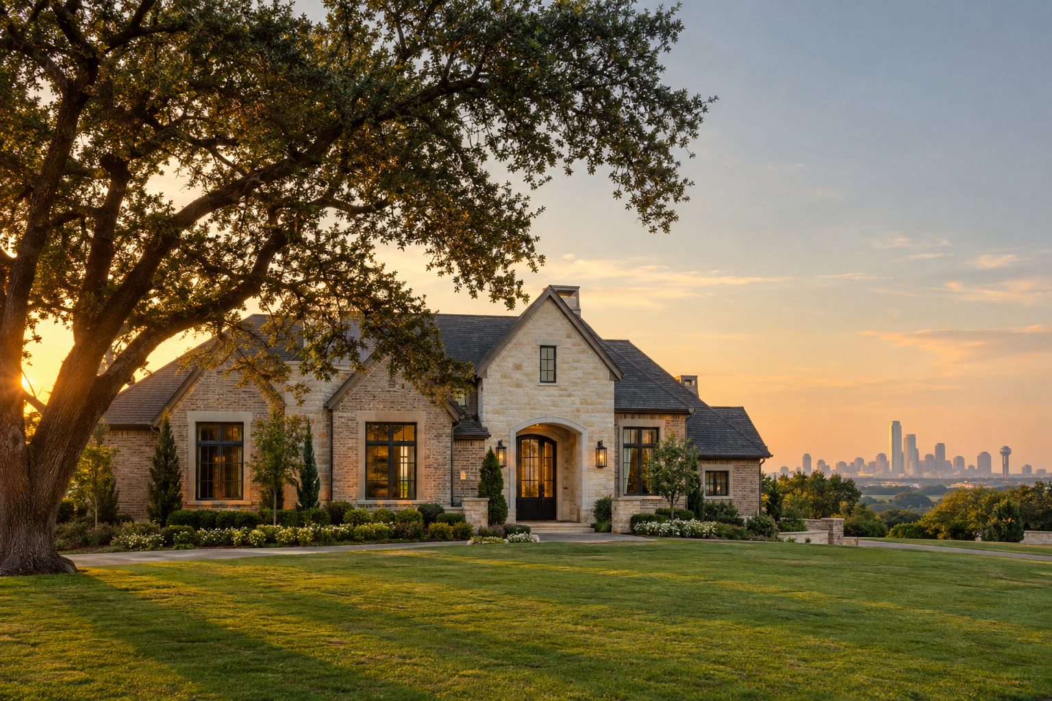Brick and limestone home in North Texas at golden hour