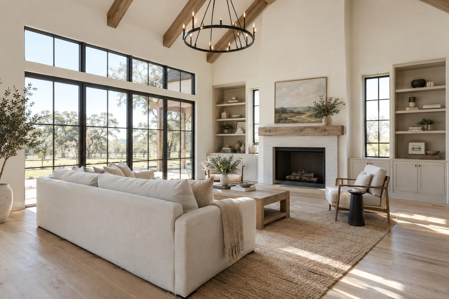 Bright living room with white oak floors and large windows