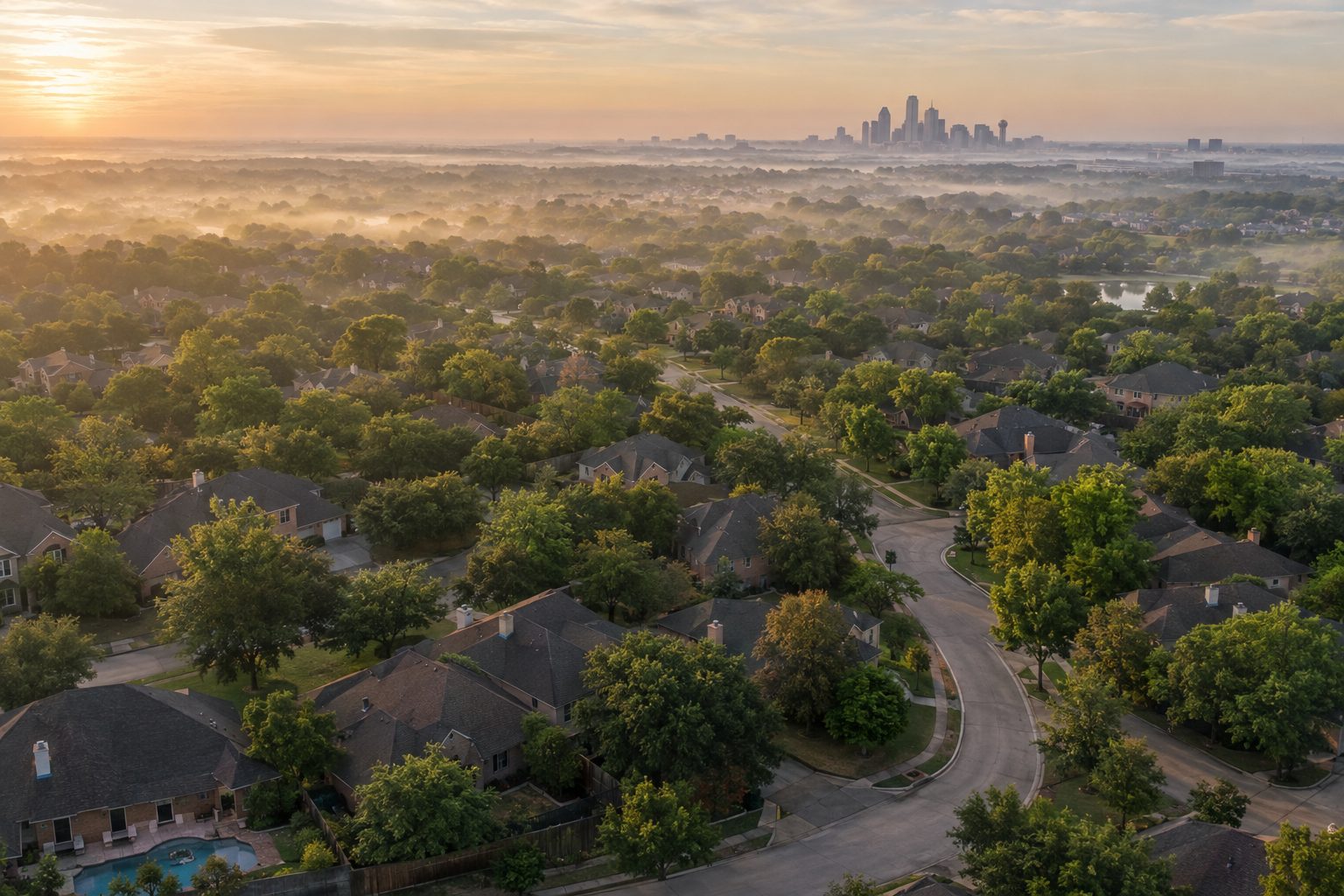 Tree-lined suburban streets in Dallas–Fort Worth at dawn